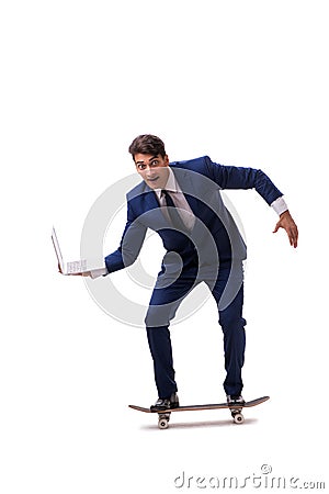 The businessman riding skateboard isolated on white background Stock Photo