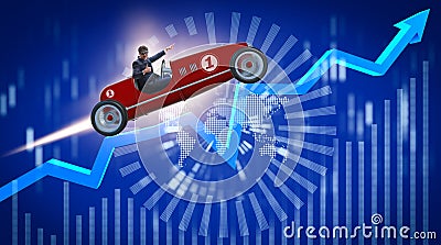 The businessman riding sports car against charts Stock Photo