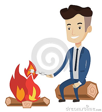 Businessman roasting marshmallow over campfire. Vector Illustration