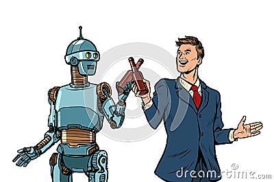 Businessman and robot cheers beer bottles. technological development concept. it industry Vector Illustration