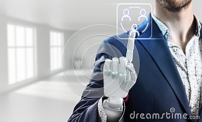 Businessman with robot hand touches virtual icon. 3d rendering. Stock Photo