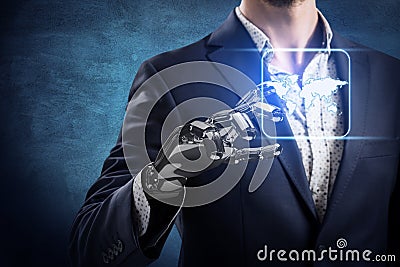 Businessman with robot hand touches world map icon. Stock Photo