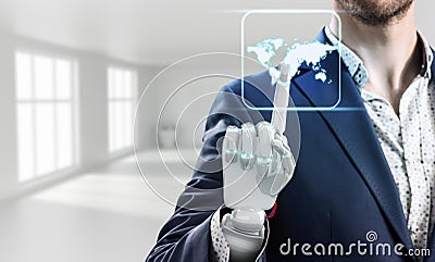 Businessman with robot hand touches world map icon. Stock Photo
