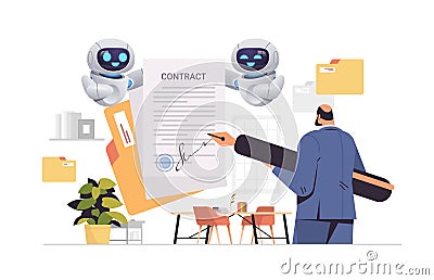 businessman and robots helpers working with paper documents sign up contract signature agreement artificial intelligence Vector Illustration