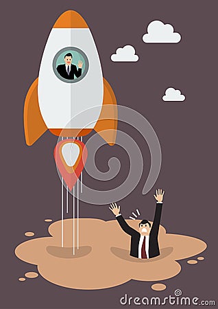 Businessman on a rocket get away from puddle of quicksand Vector Illustration