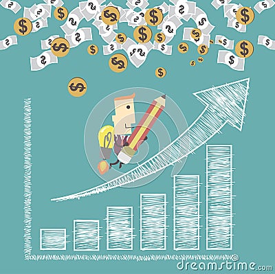 Businessman with a rocket go to succes charting a positive trend Cartoon Illustration