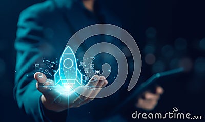 Businessman and rocket start flying up and network line connection. Startup concept strategy launch Startup growth, plan Stock Photo