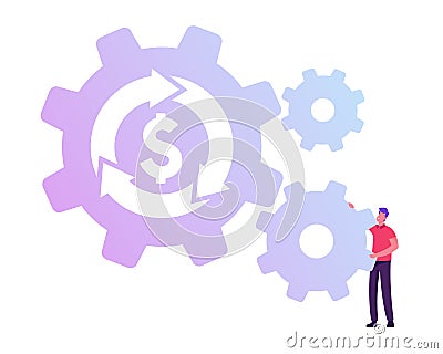 Businessman Rolling Cogwheel Mechanism with Dollar Sign and Loop Arrow. Currency Exchange, Return on Investment Vector Illustration