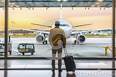 Businessman with rolling suitcase in a large airport departure lounge with a plane in the background. Generative AI Stock Photo