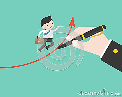 Businessman run on graph which big hand drawing, success and bus Vector Illustration