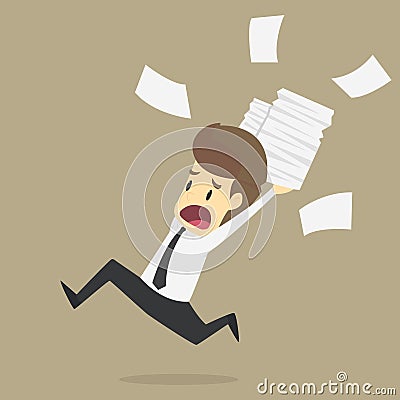 Businessman run holding a lot of documents in his hands Vector Illustration