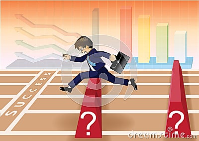 Businessman run and jump over obstacles to success line Vector Illustration