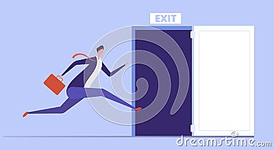 Businessman run to open exit door. Emergency escape and evacuation from office vector business concept Vector Illustration