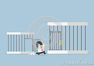 Businessman runing out from small cage to the bigger cage Vector Illustration