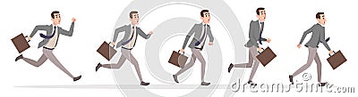 Businessman running. Active manager fast walking or running with suitcase exact vector hurry character in action poses Vector Illustration