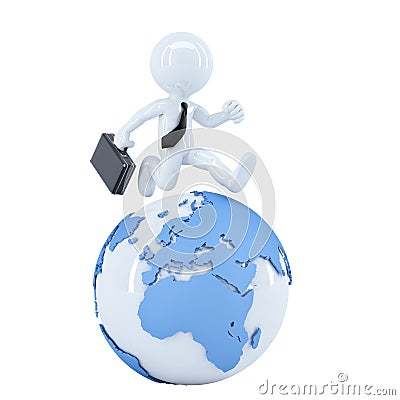 Businessman running around a globe. Isolated Stock Photo