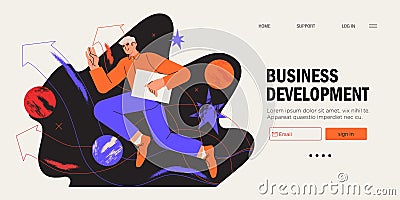 Businessman running on arrow through obstacles to his goal. Business developement, career success or growth Vector Illustration