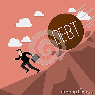 Businessman running away from heavy debt that is rolling down to him Vector Illustration