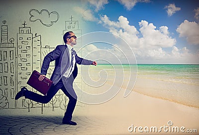 Businessman running away from a life in a city to the sunny beach Stock Photo
