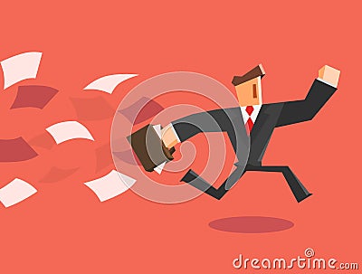 Businessman running away from paper. Vector Illustration