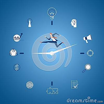 Businessman running on business time with icons and elements concept. Time pressure, stress, overworked and deadline concept. Vector Illustration