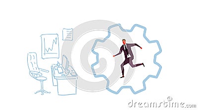 Businessman running cog wheel deadline hardworking process concept business man inside corporate machinery gearwheel Vector Illustration