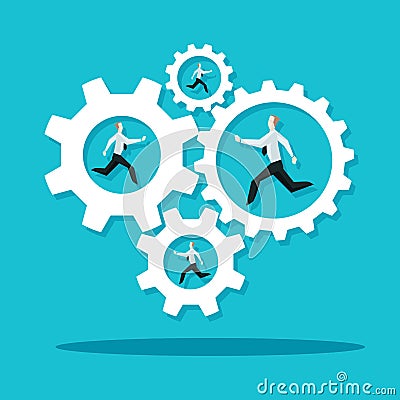 Businessman is running in the cogwheel machine. Company concept. Vector Illustration