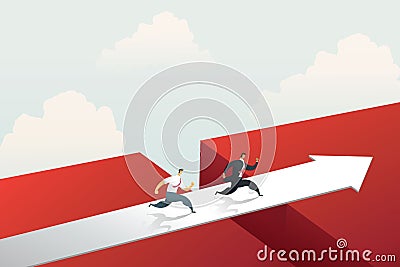 Businessman running cross the red arrow bridge to achieve target. concept illustration vector Cartoon Illustration