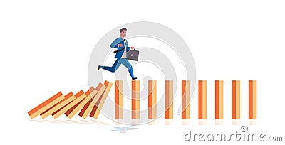 Businessman running on falling dominos problem solving domino effect crisis management chain reaction finance Vector Illustration