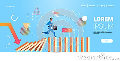 Businessman running on falling dominos problem solving domino effect crisis management chain reaction finance Vector Illustration