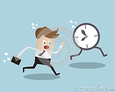 Businessman Running Follow Clock Late Work Time Vector Illustration