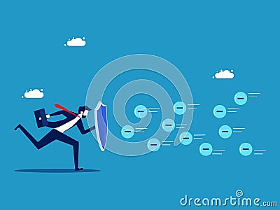 Businessman running holding a protective shield and resisting negative energies. against negative thoughts Vector Illustration