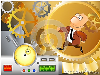 Businessman is running inside machinery Stock Photo