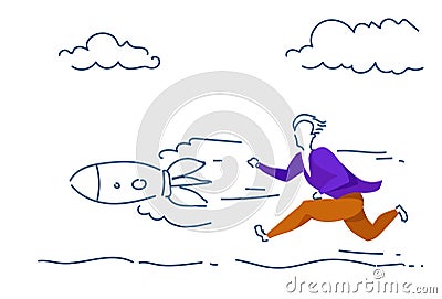 Businessman running launching rocket startup concept man colored silhouette successful strategy full length horizontal Vector Illustration