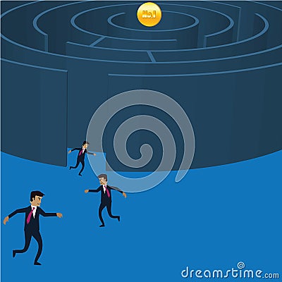 Businessman running into the maze for golden coil No1 Vector Illustration