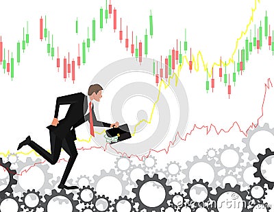 businessman running on the prongs of the gear. the employee goes on the gears and rotate them business concept illustration Stock Photo