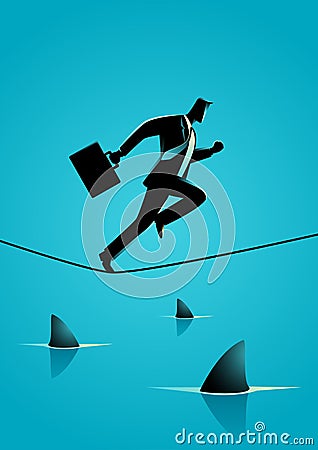 Businessman running on rope with sharks underneath Vector Illustration