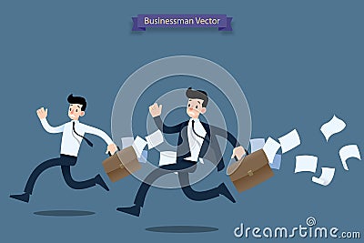 Businessman running rush in a hurry by work late with suitcase and falling papers behind and feel very busy. Vector Illustration