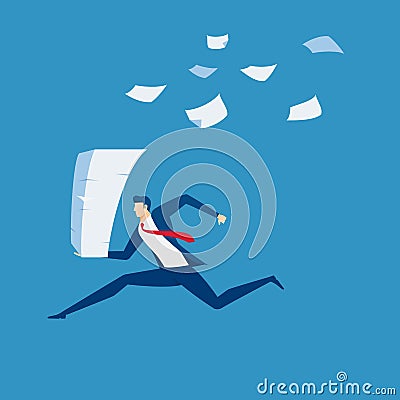Businessman running with stack of paperwork in hand. Time pressure, stress, overworked and deadline concept. Vector Illustration