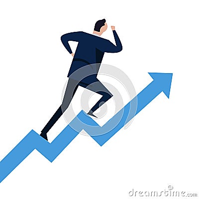 Businessman running on steps growth chart going up. Concept of career success climbing on stairs Vector Illustration