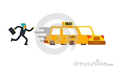 Businessman running for taxi. Late for meeting. Boss and suitcase. Vector Illustration