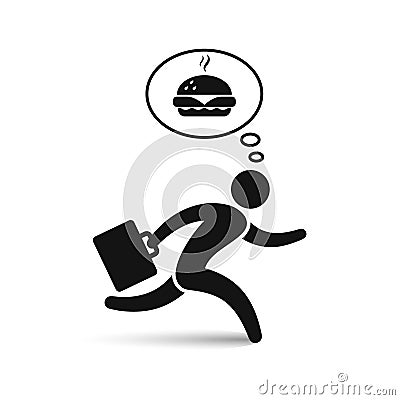 Businessman running to dinner. Businessman character, hungry and thinking about food. Vector icon Vector Illustration