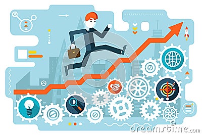 Businessman Running to Success on Infographic Stairs Symbol Gears icons City Background Flat Design Vector Illustration Vector Illustration