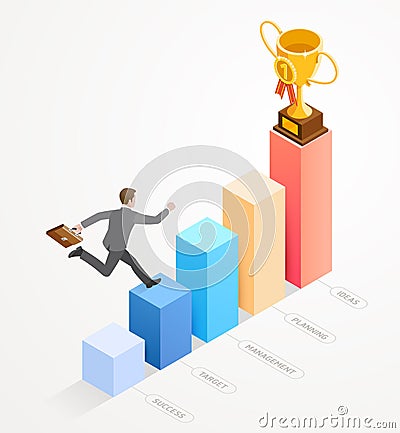 Businessman running with work bag on bar chart infographics Vector Illustration