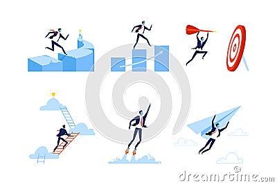 Businessman runnung and flying to success set. Leadership to reach business success and goals set. Challenge and career Vector Illustration