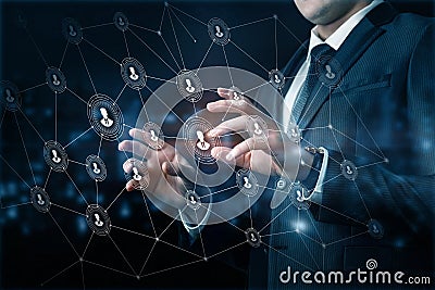 Businessman runs a virtual network Stock Photo