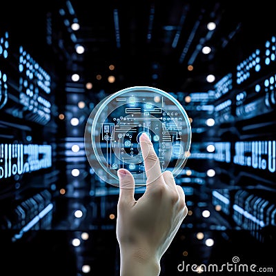 A Businessman's Finger Touching the Future of Cloud Computing Services and Advanced AI in the Server Room Stock Photo