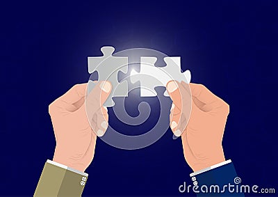 Businessman`s hand connecting two puzzle pieces jigsaw together,successful solution business concept Vector Illustration