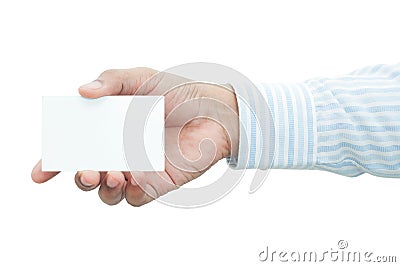 Businessman's hand holding blank white paper business card Stock Photo