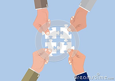 Businessman`s hands connecting puzzle pieces jigsaw together,successful solution teamwork cooperation business concept Vector Illustration